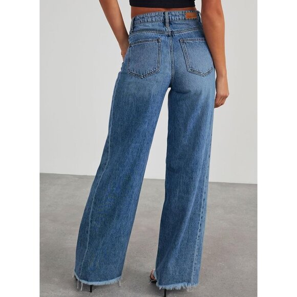 Women's Wide Leg High Waisted Denim Jeans Raw Hem Plus Size Blue - Picture 2 of 8